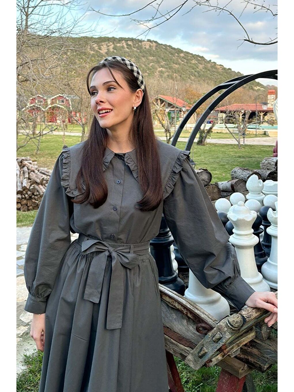 Antrasit Balon Etek Antrasit Yakası Fırfırlı Crop Gömlek Takım-1