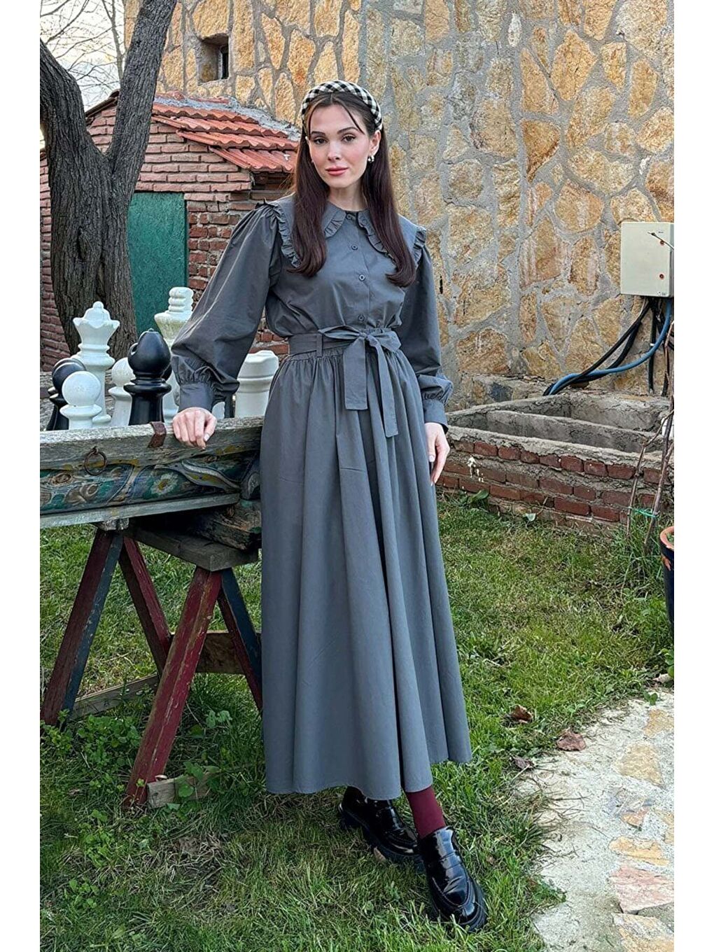 Antrasit Balon Etek Antrasit Yakası Fırfırlı Crop Gömlek Takım-2