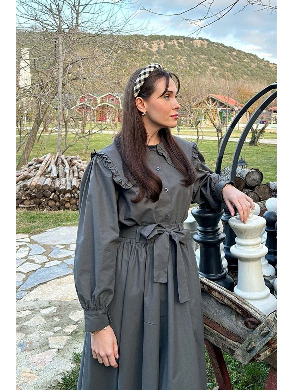 Antrasit Balon Etek Antrasit Yakası Fırfırlı Crop Gömlek Takım-5