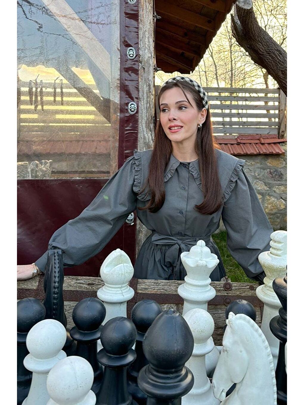 Antrasit Balon Etek Antrasit Yakası Fırfırlı Crop Gömlek Takım-6