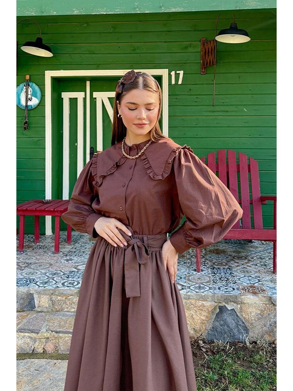 Kahverengi Acı Kahve Balon Etek Acı Kahve Yakası Fırfırlı Crop Gömlek Takım-1