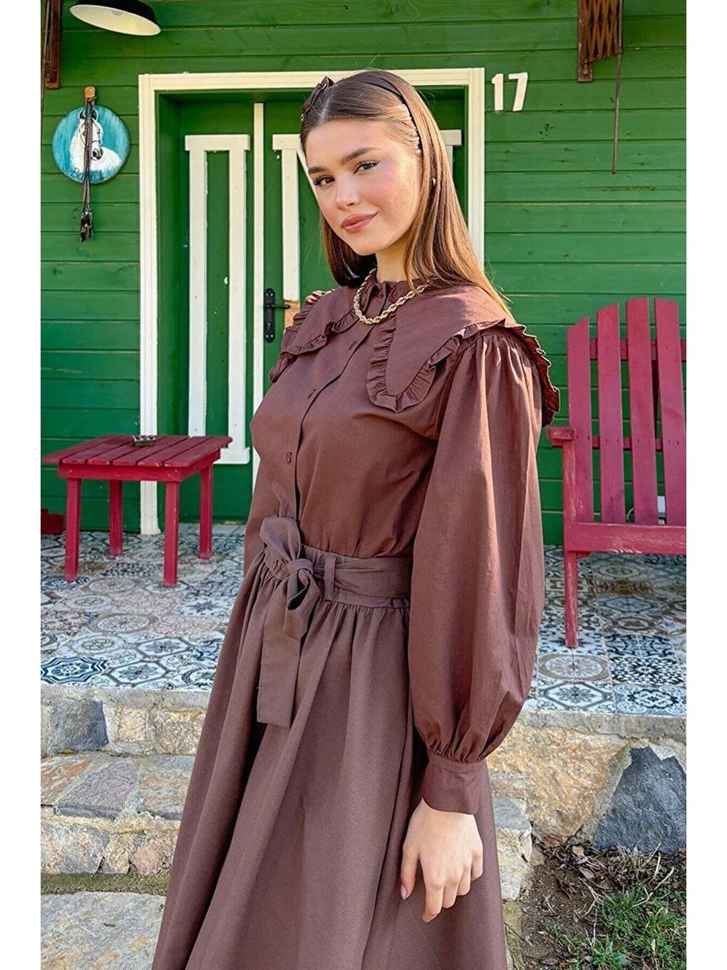 Kahverengi Acı Kahve Balon Etek Acı Kahve Yakası Fırfırlı Crop Gömlek Takım-2