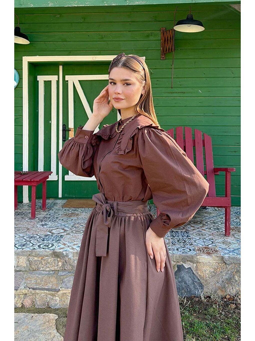 Kahverengi Acı Kahve Balon Etek Acı Kahve Yakası Fırfırlı Crop Gömlek Takım-3
