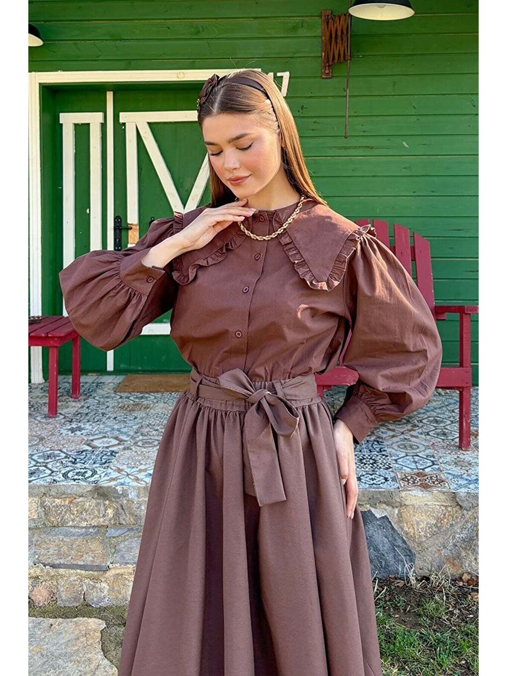 Kahverengi Acı Kahve Balon Etek Acı Kahve Yakası Fırfırlı Crop Gömlek Takım-4