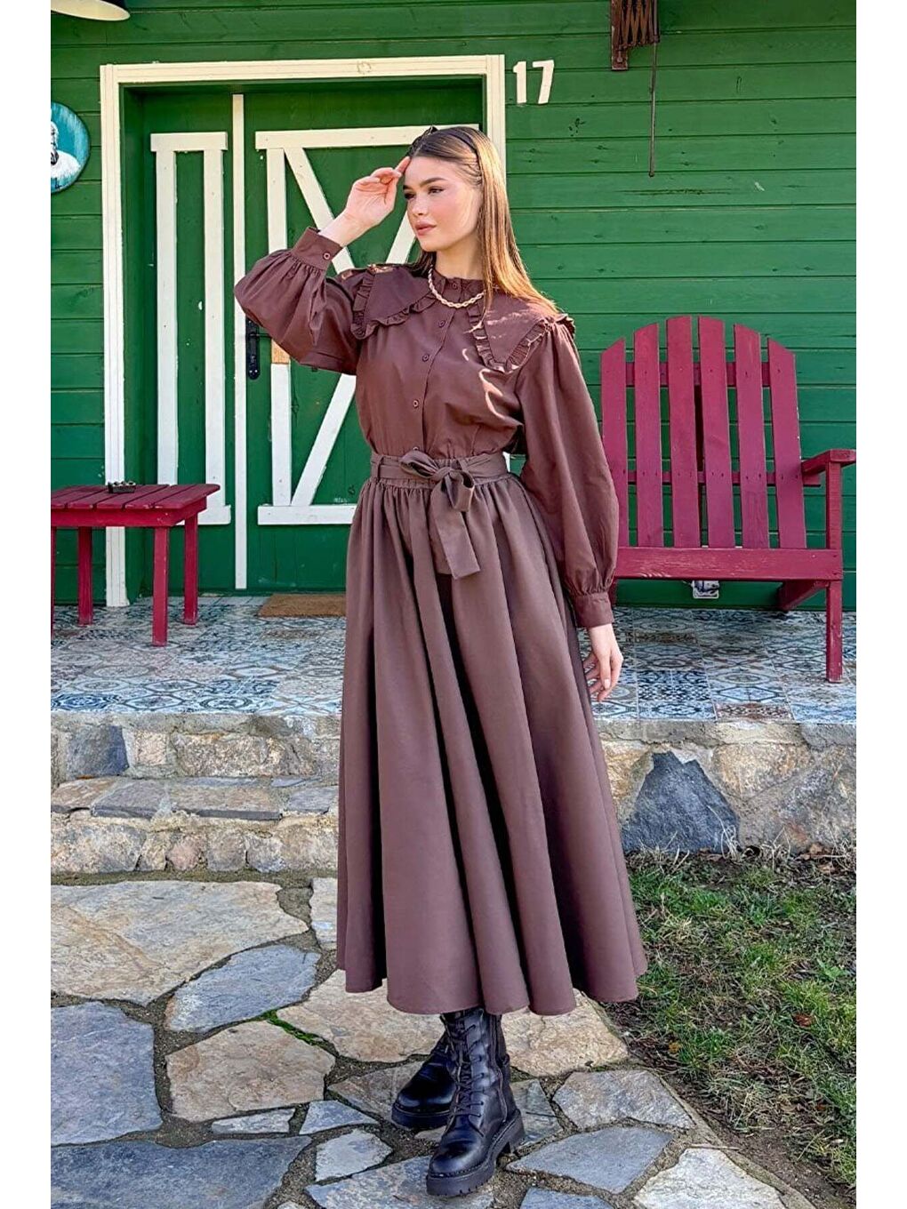 Kahverengi Acı Kahve Balon Etek Acı Kahve Yakası Fırfırlı Crop Gömlek Takım-5