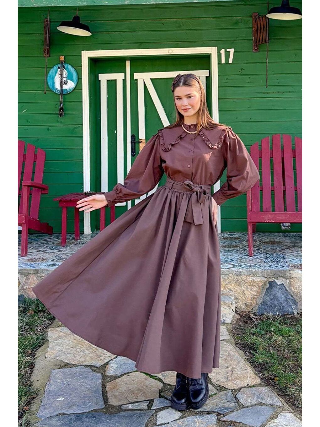 Kahverengi Acı Kahve Balon Etek Acı Kahve Yakası Fırfırlı Crop Gömlek Takım-6