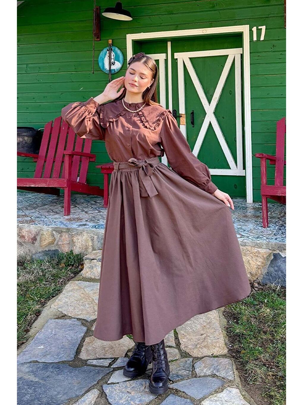 Kahverengi Acı Kahve Balon Etek Acı Kahve Yakası Fırfırlı Crop Gömlek Takım-7