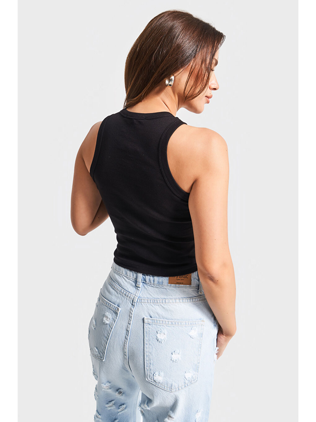 Kadın Siyah Renk Halter Yaka İnce Fitilli Kumaş Parlak Taşlı Tasarım Body-3