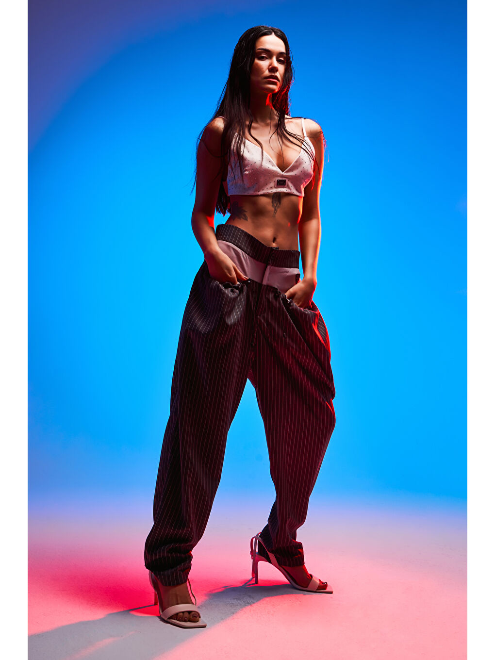 Kadın Antrasit Çizgili Renk Cep Detaylı Tasarım Binici Pantolon