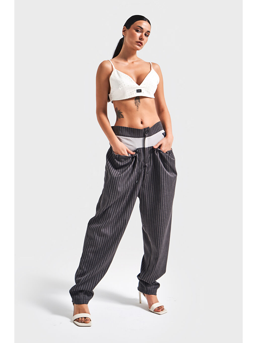 Kadın Antrasit Çizgili Renk Cep Detaylı Tasarım Binici Pantolon-2
