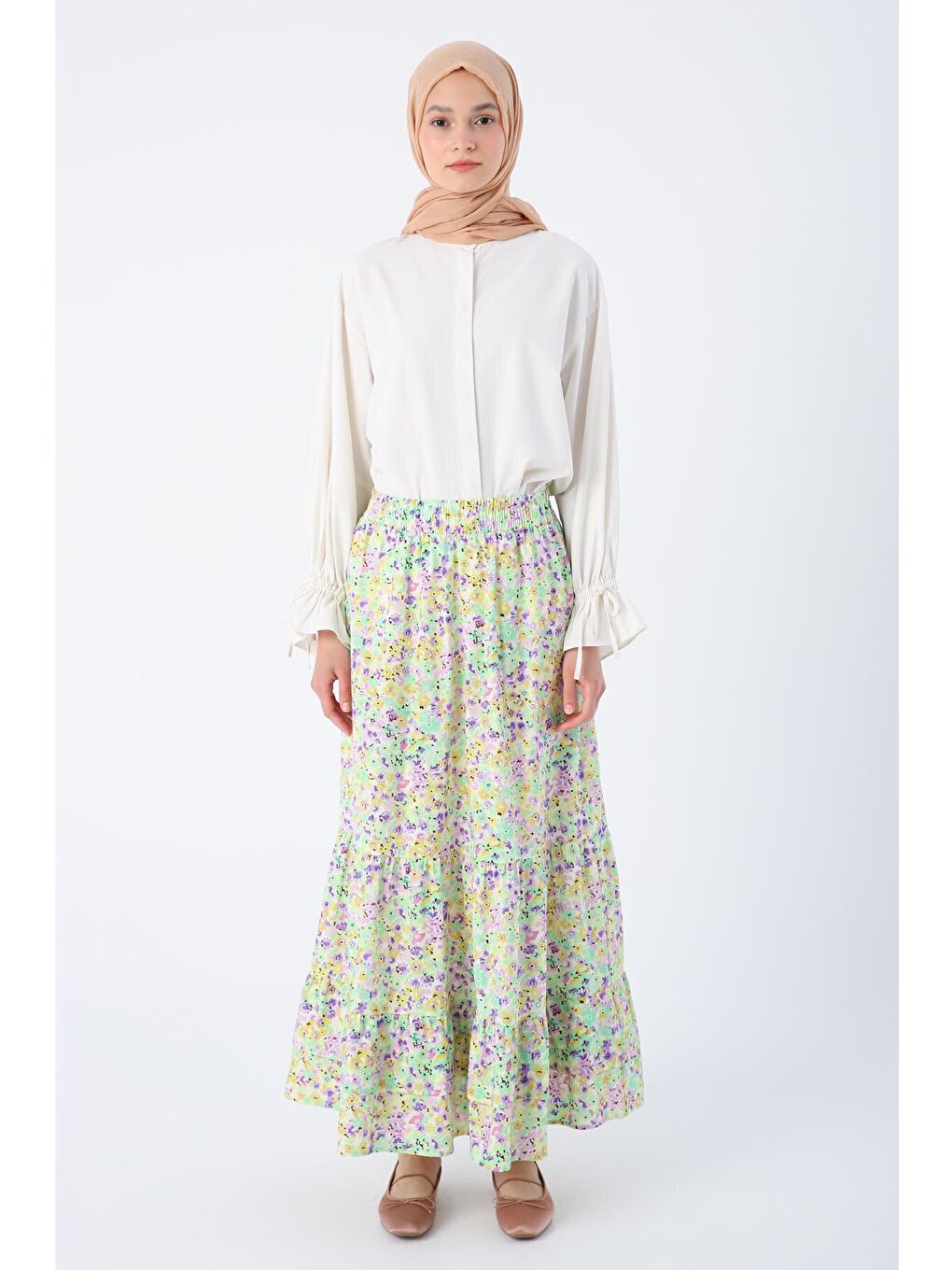 Ekru-Lila %100 Pamuk Desenli Beli Lastikli Fırfır Detaylı Etek-1