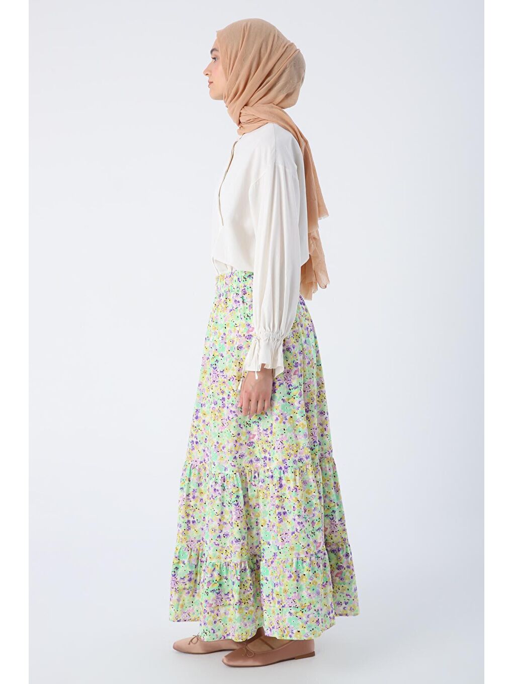 Ekru-Lila %100 Pamuk Desenli Beli Lastikli Fırfır Detaylı Etek-2