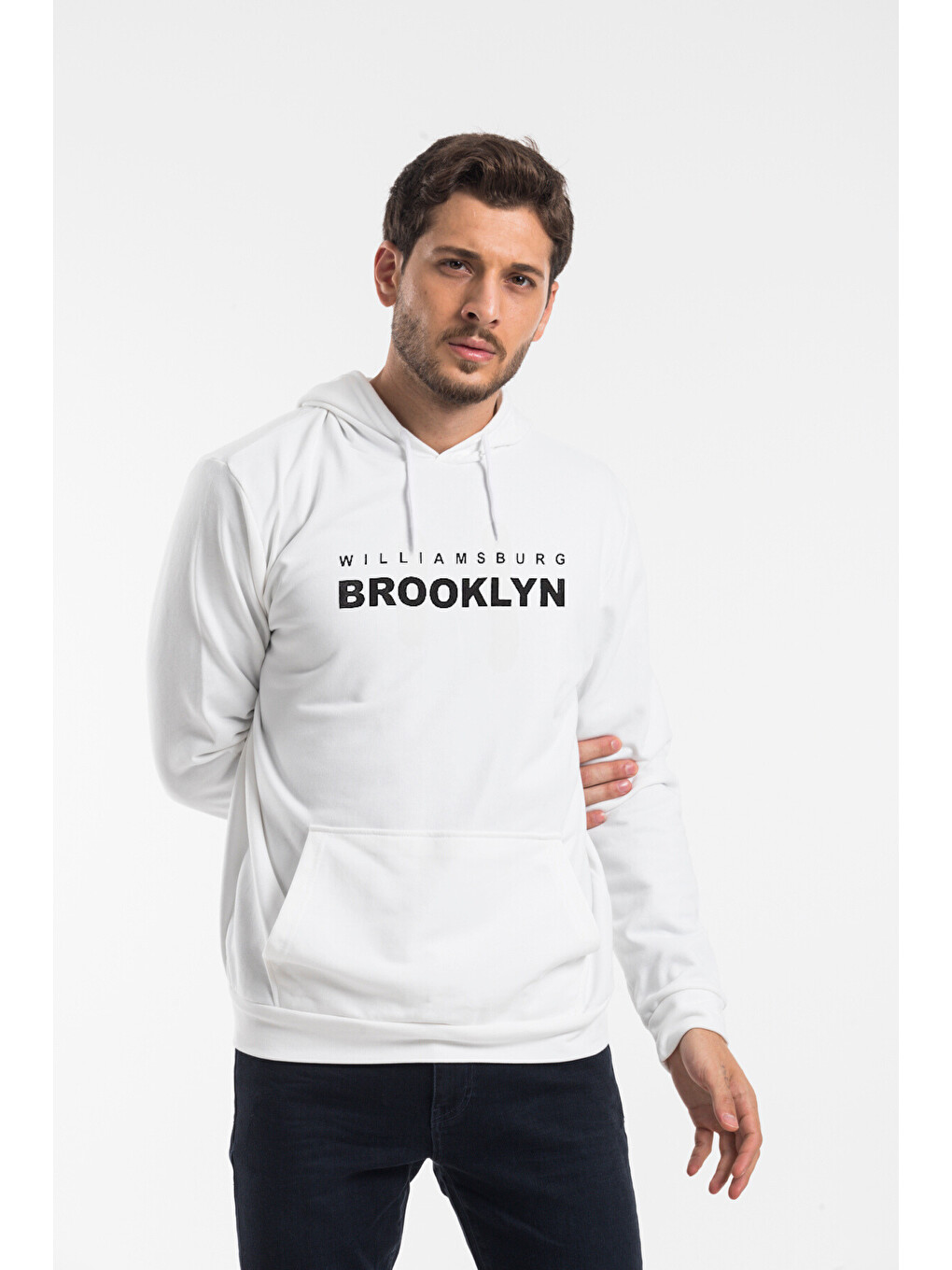 Beyaz Erkek Kapüşonlu Regular Fit Wıllamsburg Brooklyn Baskılı