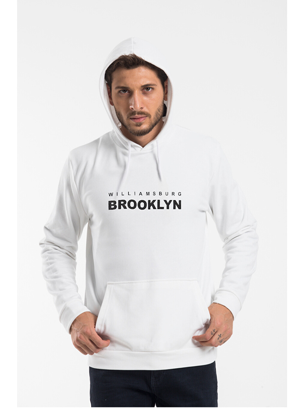 Beyaz Erkek Kapüşonlu Regular Fit Wıllamsburg Brooklyn Baskılı-1
