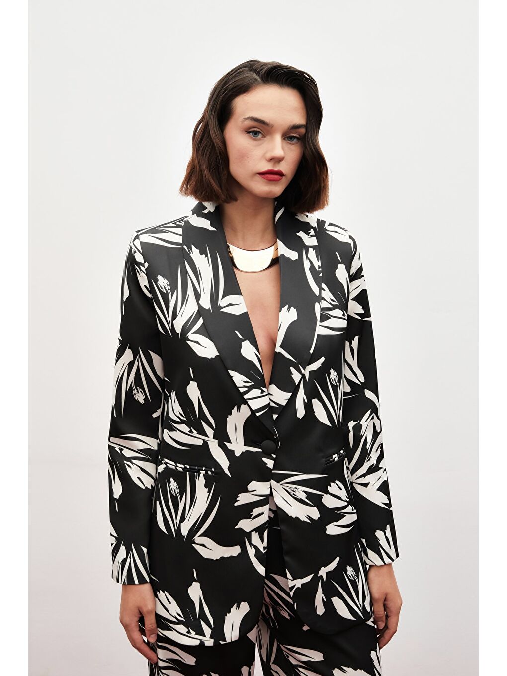 Desenli Salaş Saten Ceket - Siyah-1