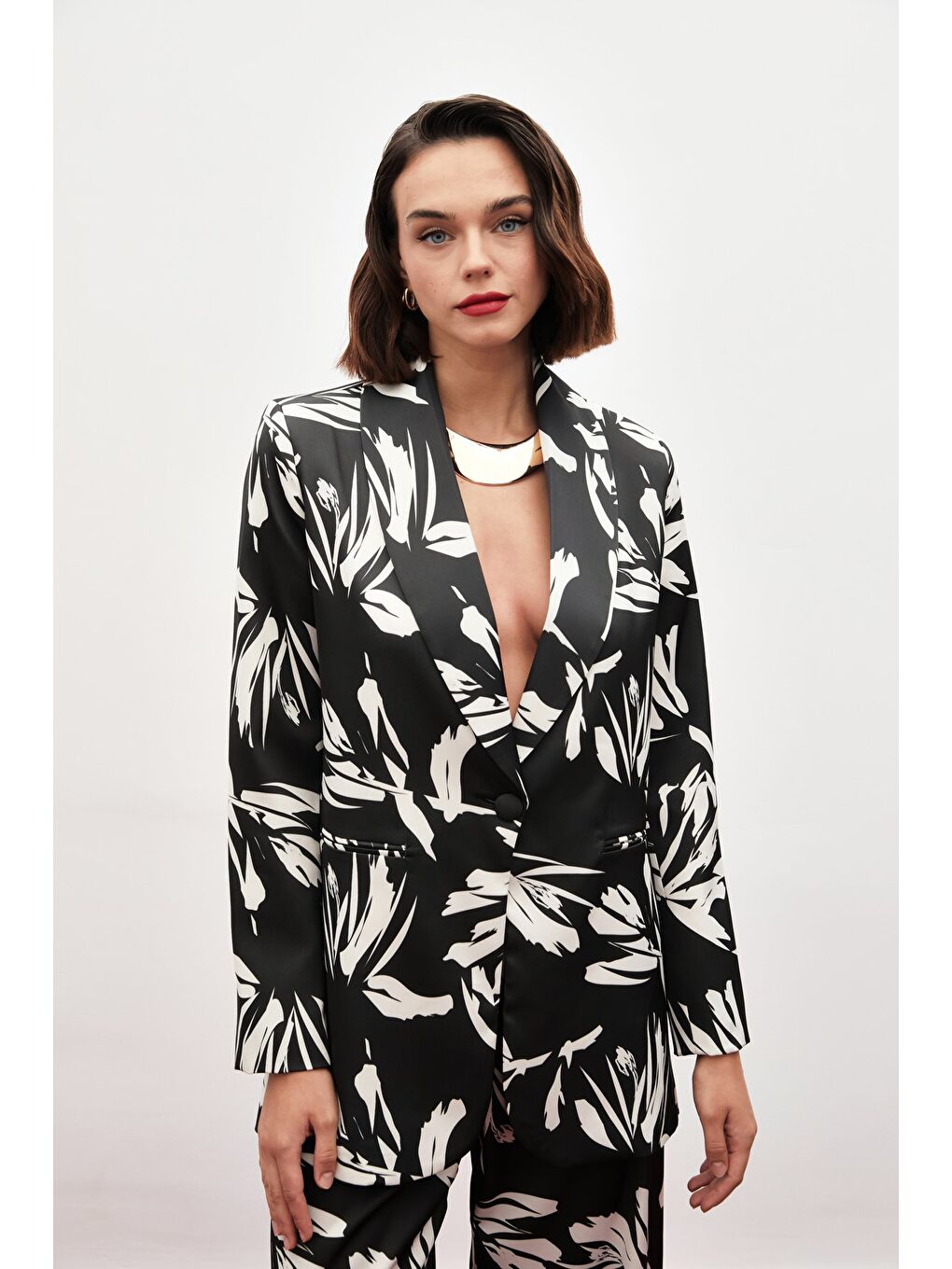 Desenli Salaş Saten Ceket - Siyah-3