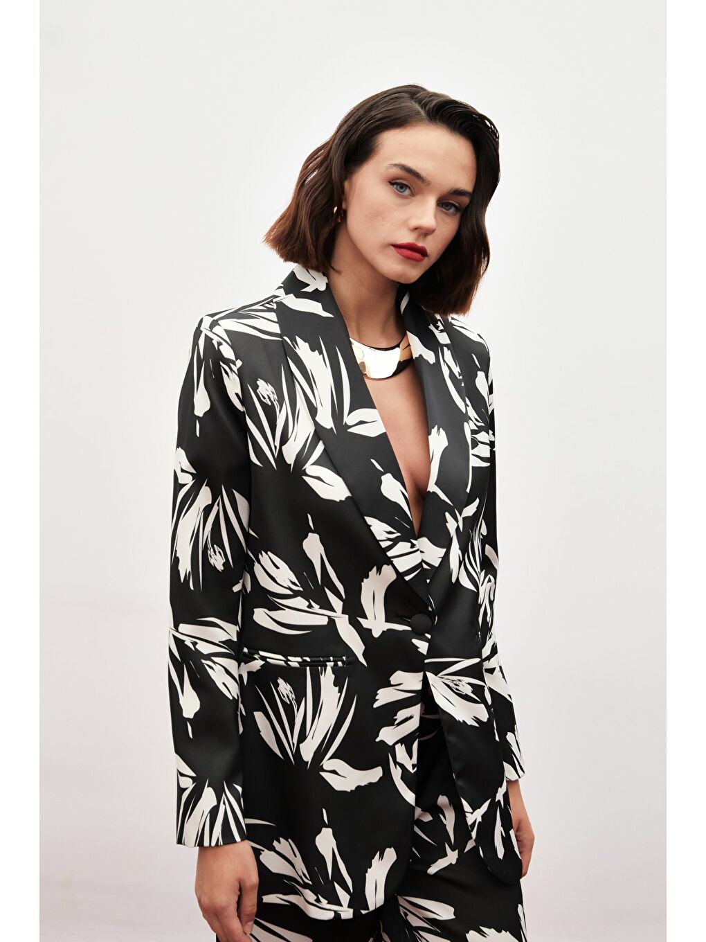 Desenli Salaş Saten Ceket - Siyah-4