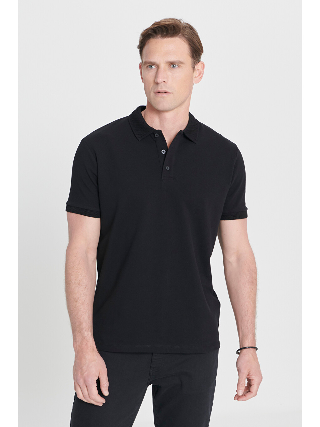Erkek Siyah Slim Fit Dar Kesim Polo Yaka %100 Pamuk Kısa Kollu Tişört-1
