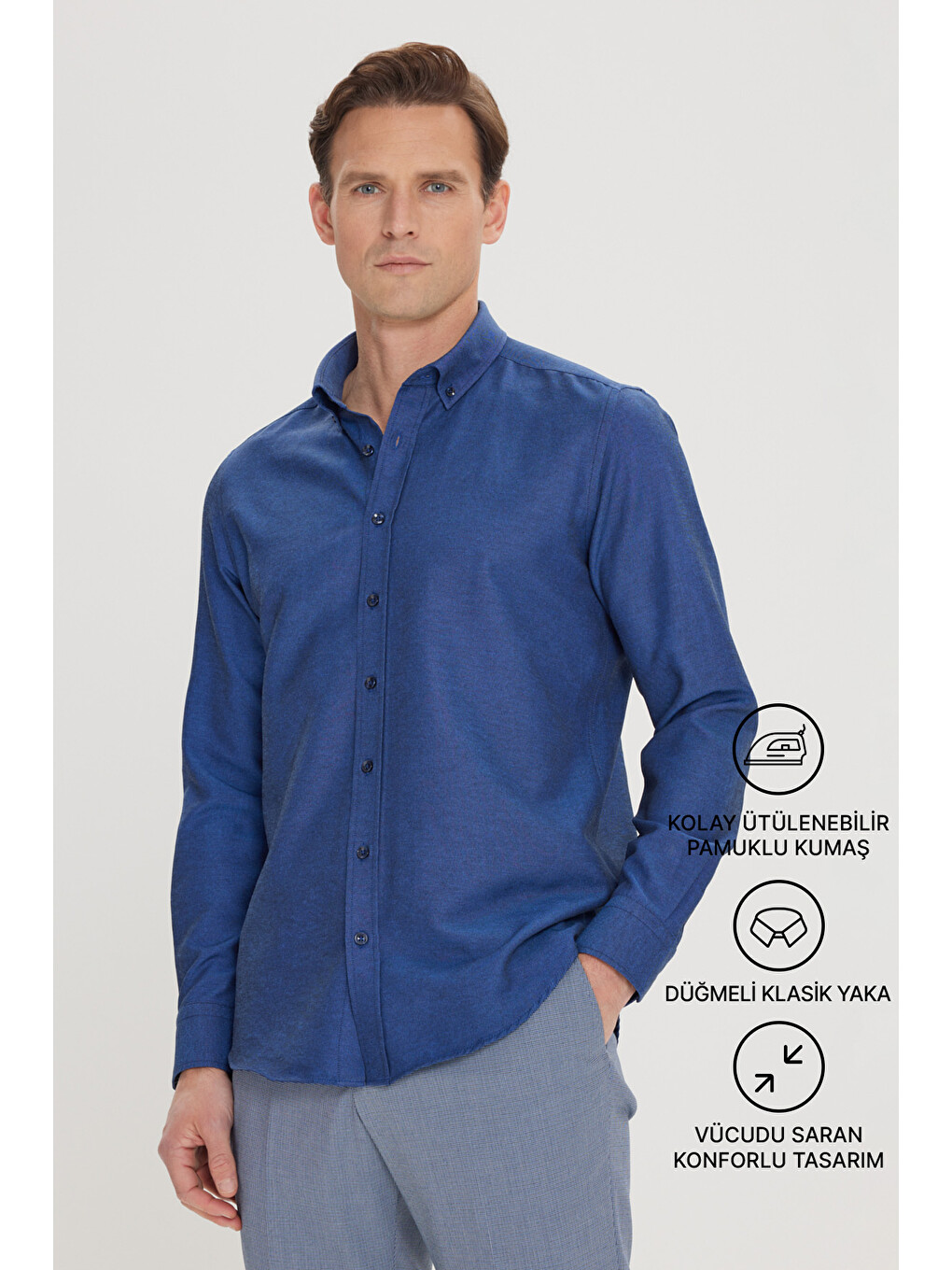 Erkek Koyu Lacivert Tailored Slim Fit Dar Kesim Düğmeli Yaka Oxford Gömlek