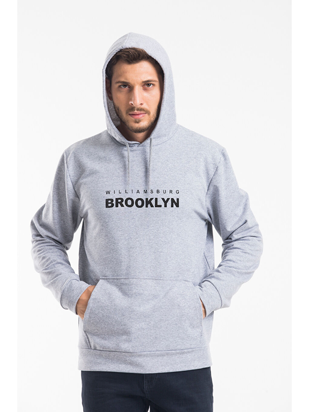Gri Kapüşonlu Regular Fit Wıllamsburg Brooklyn Baskılı Erkek Büyük Beden Hoodie-1