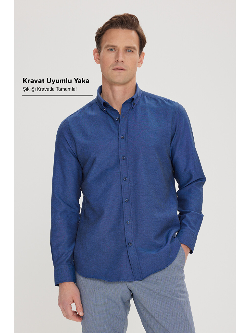 Erkek Koyu Lacivert Tailored Slim Fit Dar Kesim Düğmeli Yaka Oxford Gömlek-1