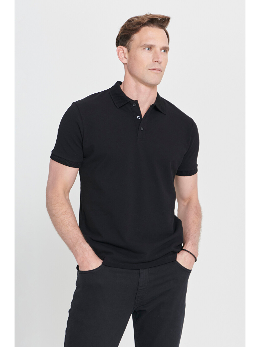 Erkek Siyah Slim Fit Dar Kesim Polo Yaka %100 Pamuk Kısa Kollu Tişört-6