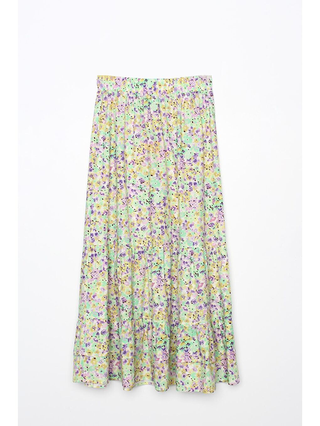 Ekru-Lila %100 Pamuk Desenli Beli Lastikli Fırfır Detaylı Etek-4