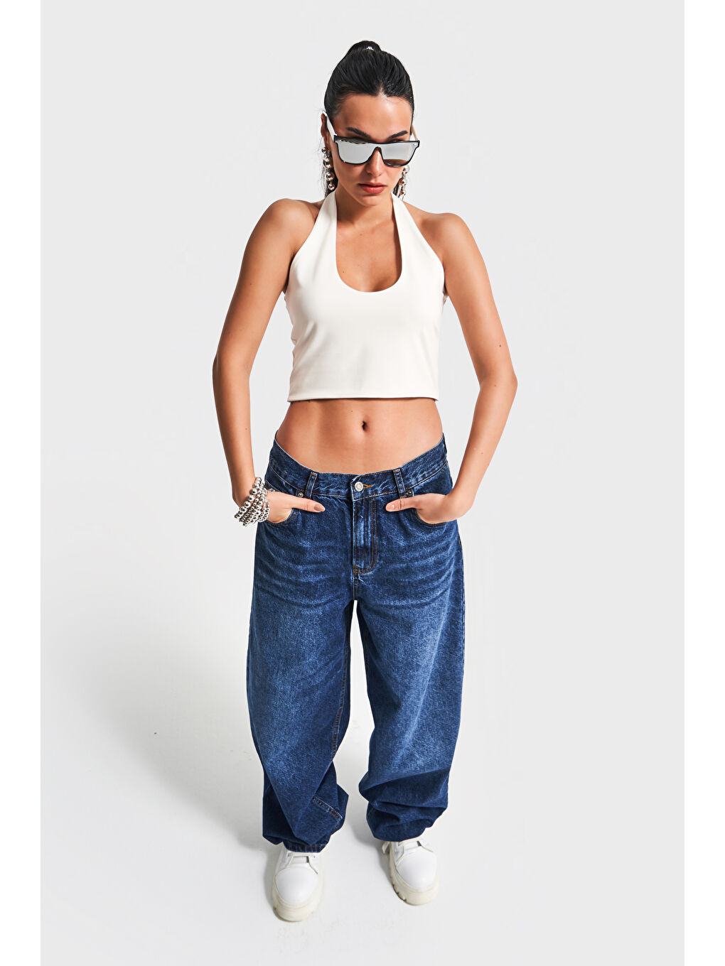 Mavi Kadın Koyu Tint Rengi 17W4 5 Süper Palazzo Fit Orta Bel  100 Pamuk Denim Jean-5