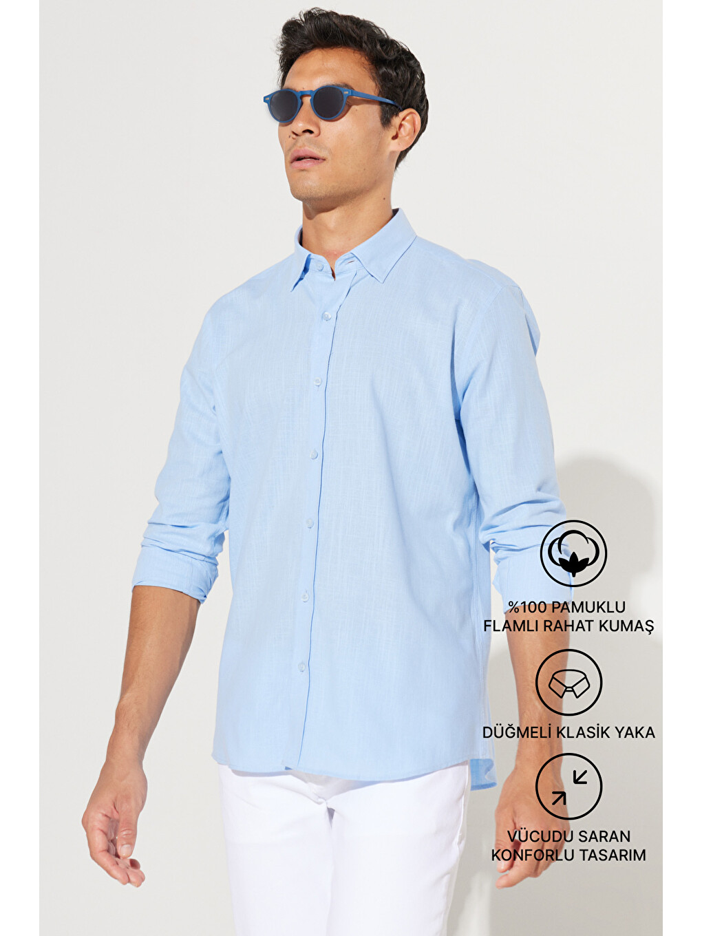 Erkek Mavi %100 Pamuk Oxford Slim Fit Dar Kesim Düğmeli Yaka Flamlı Gömlek