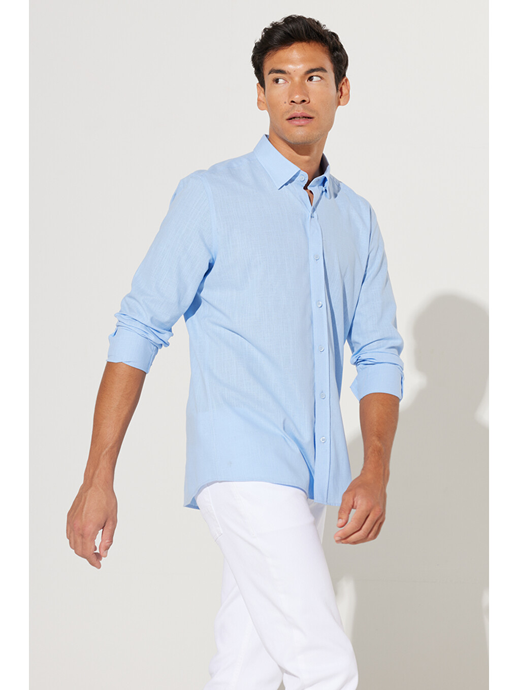 Erkek Mavi %100 Pamuk Oxford Slim Fit Dar Kesim Düğmeli Yaka Flamlı Gömlek-2