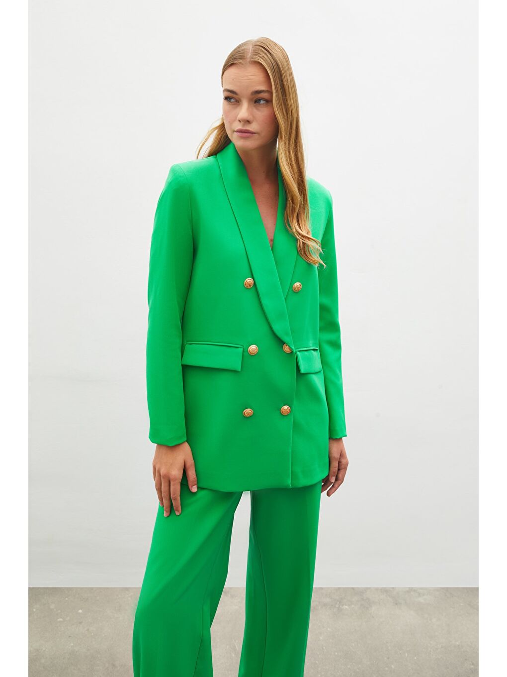 Düğme Detaylı Kruvaze Ceket - Yeşil-1