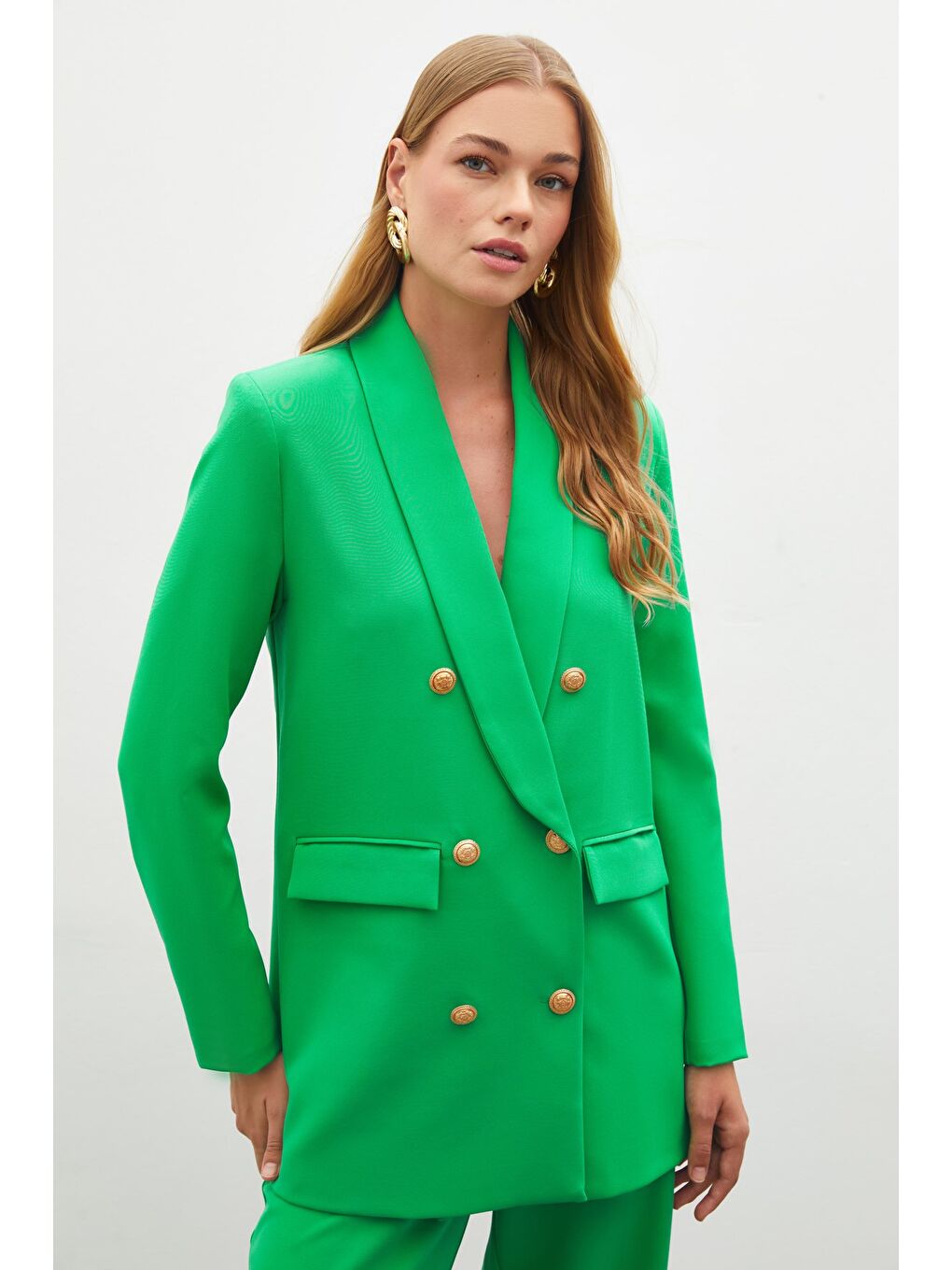 Düğme Detaylı Kruvaze Ceket - Yeşil-2