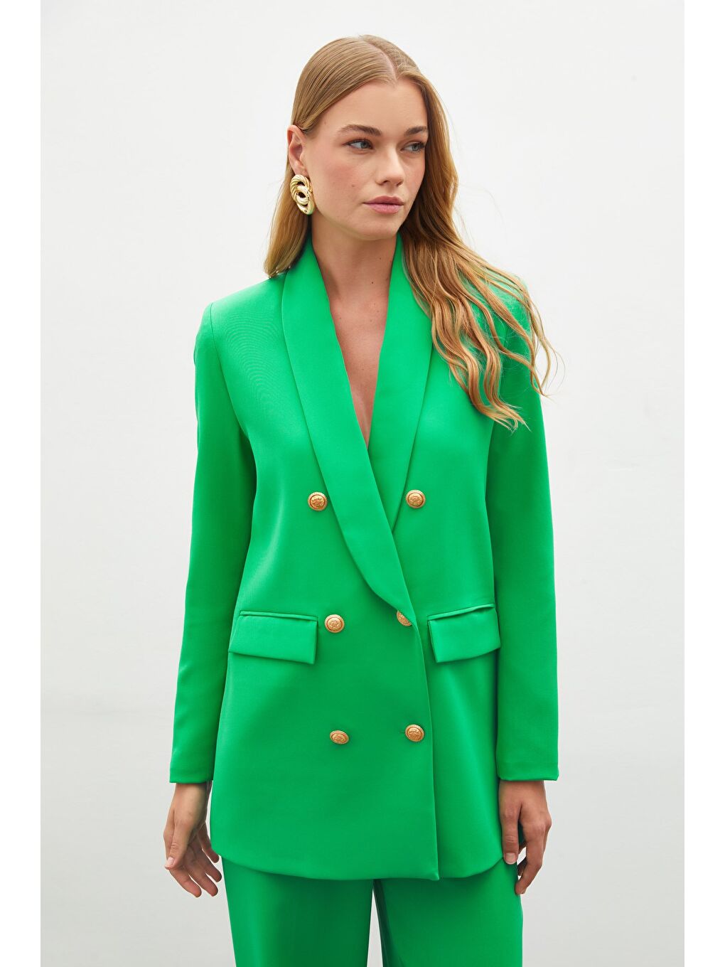 Düğme Detaylı Kruvaze Ceket - Yeşil-3