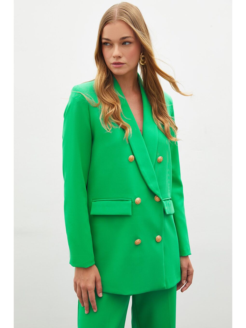 Düğme Detaylı Kruvaze Ceket - Yeşil-4