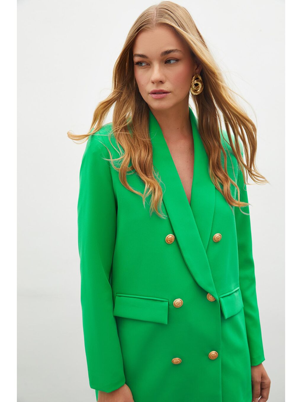 Düğme Detaylı Kruvaze Ceket - Yeşil-5
