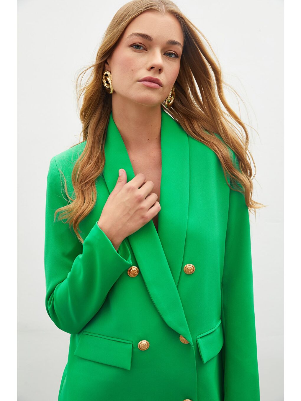 Düğme Detaylı Kruvaze Ceket - Yeşil-6