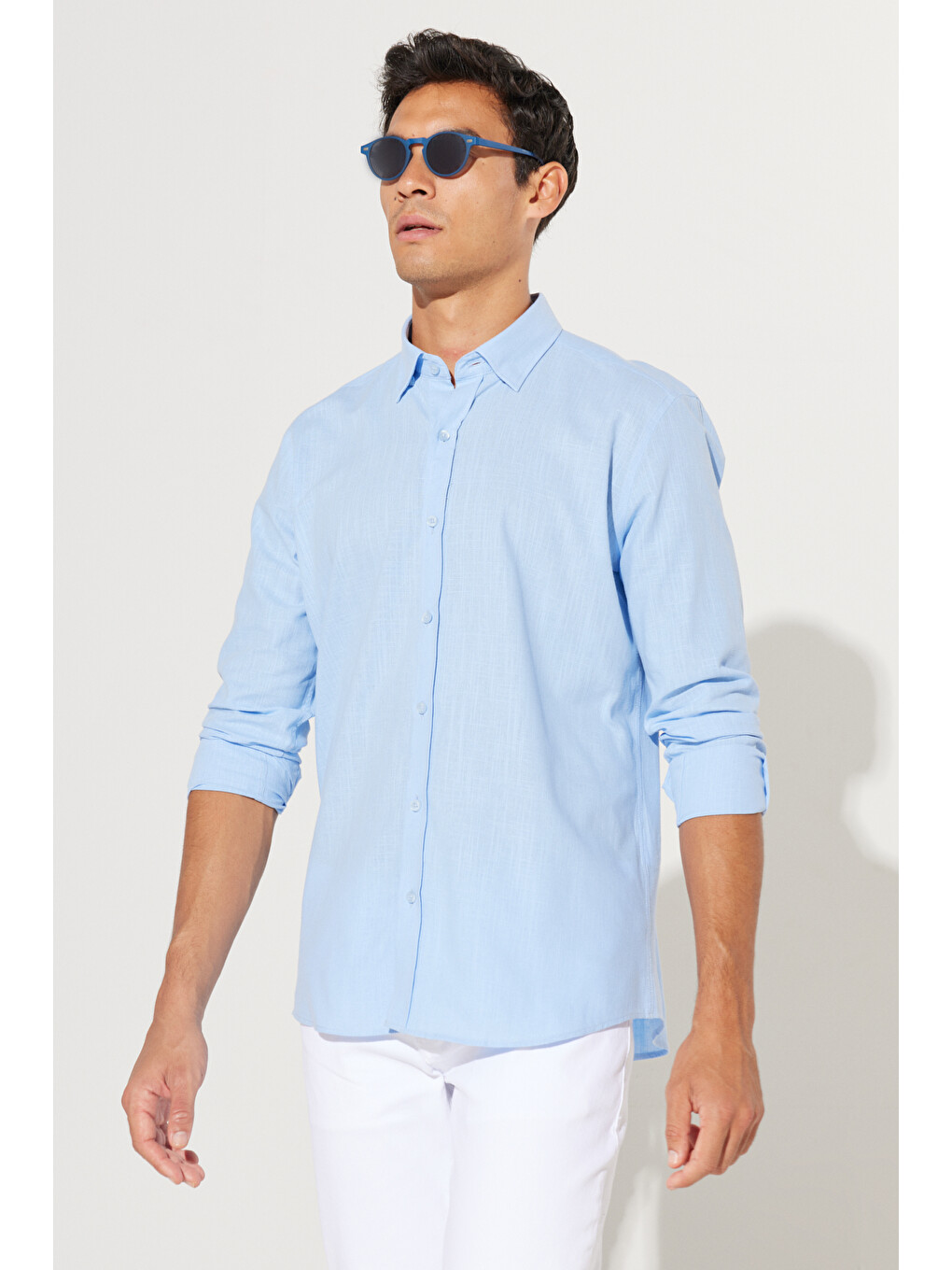 Erkek Mavi %100 Pamuk Oxford Slim Fit Dar Kesim Düğmeli Yaka Flamlı Gömlek-4
