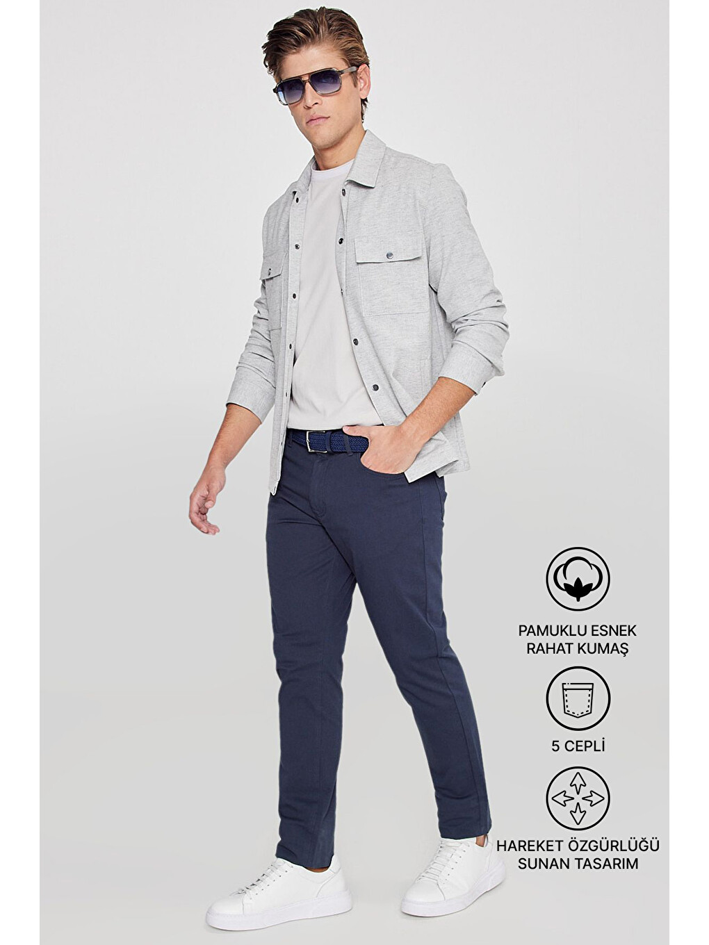 Erkek Lacivert Slim Fit Dar Kesim 5 Cep Pamuklu Esnek  Chino Pantolon