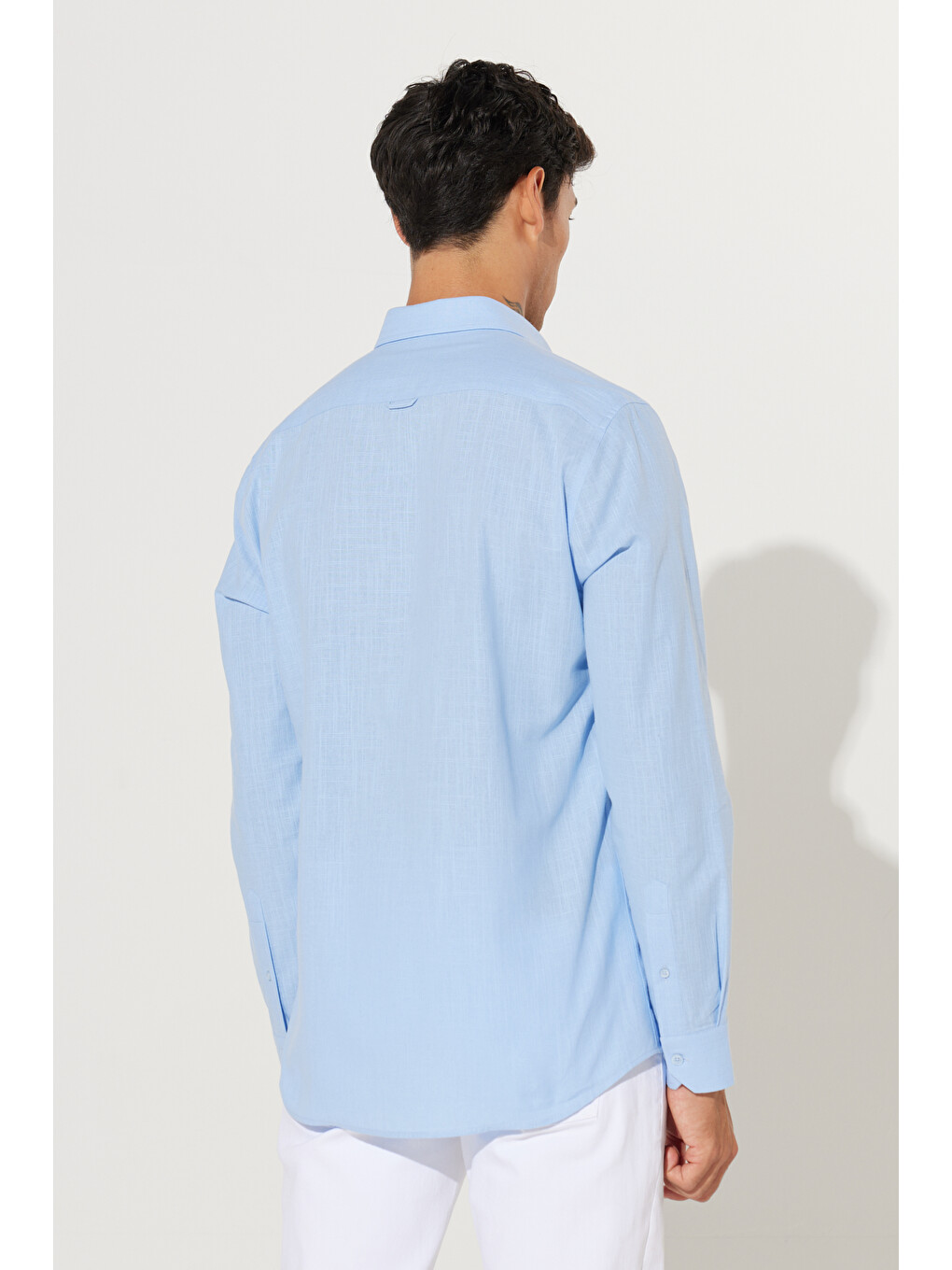 Erkek Mavi %100 Pamuk Oxford Slim Fit Dar Kesim Düğmeli Yaka Flamlı Gömlek-7