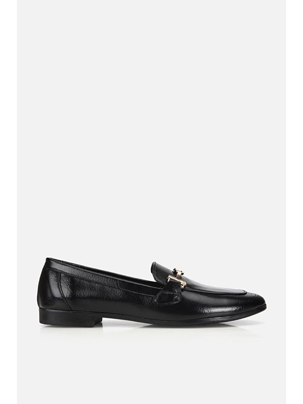 Kadın Siyah Rugan Gold Tokalı Loafer