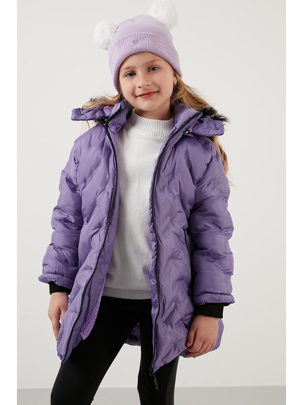 Lila İçi Peluş Astarlı Çıkarılabilir Kapüşonlu Cepli Kışlık Mont 5760004-1