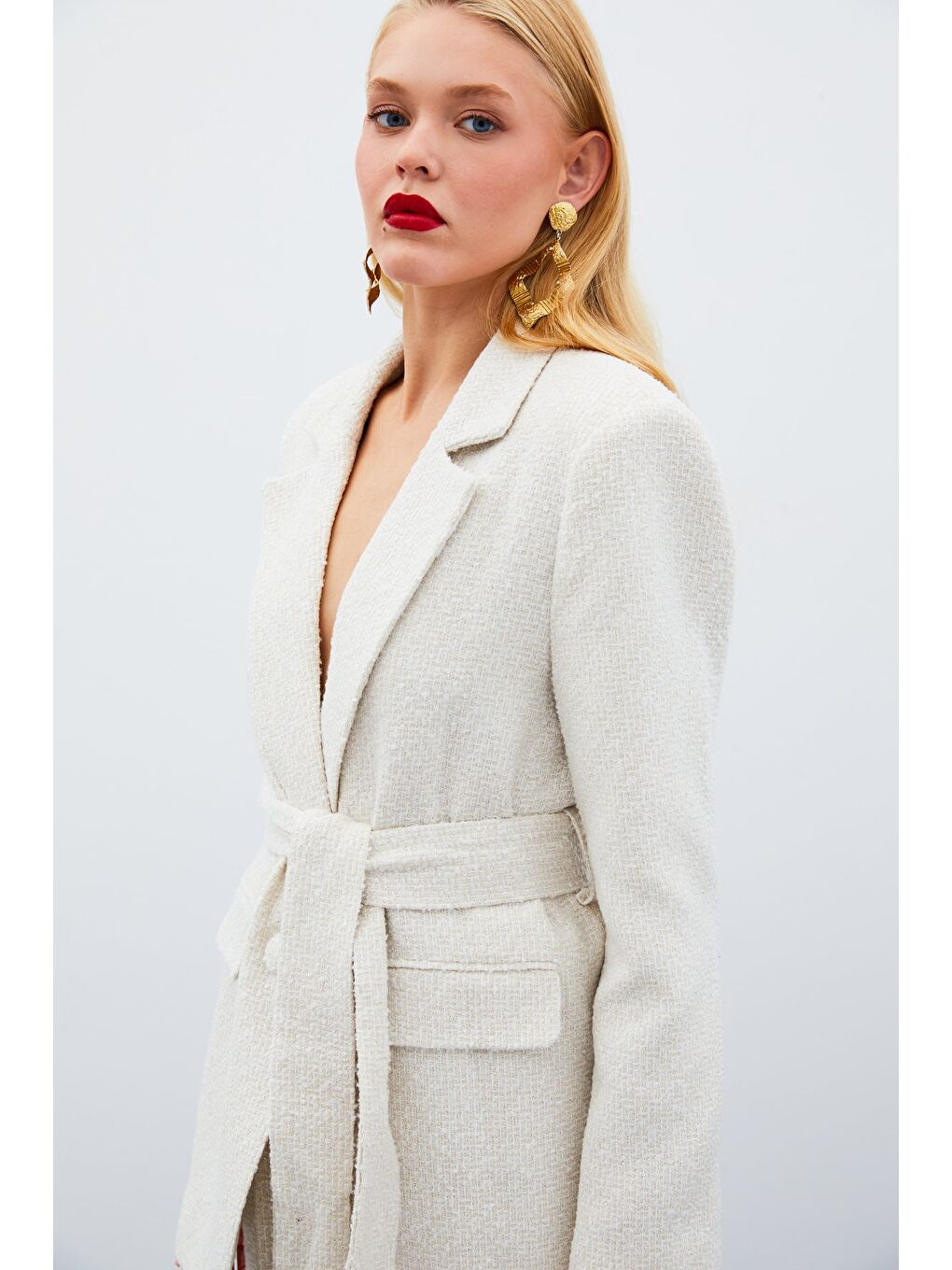 Bej Kuşaklı Tüvit Ceket - Taş