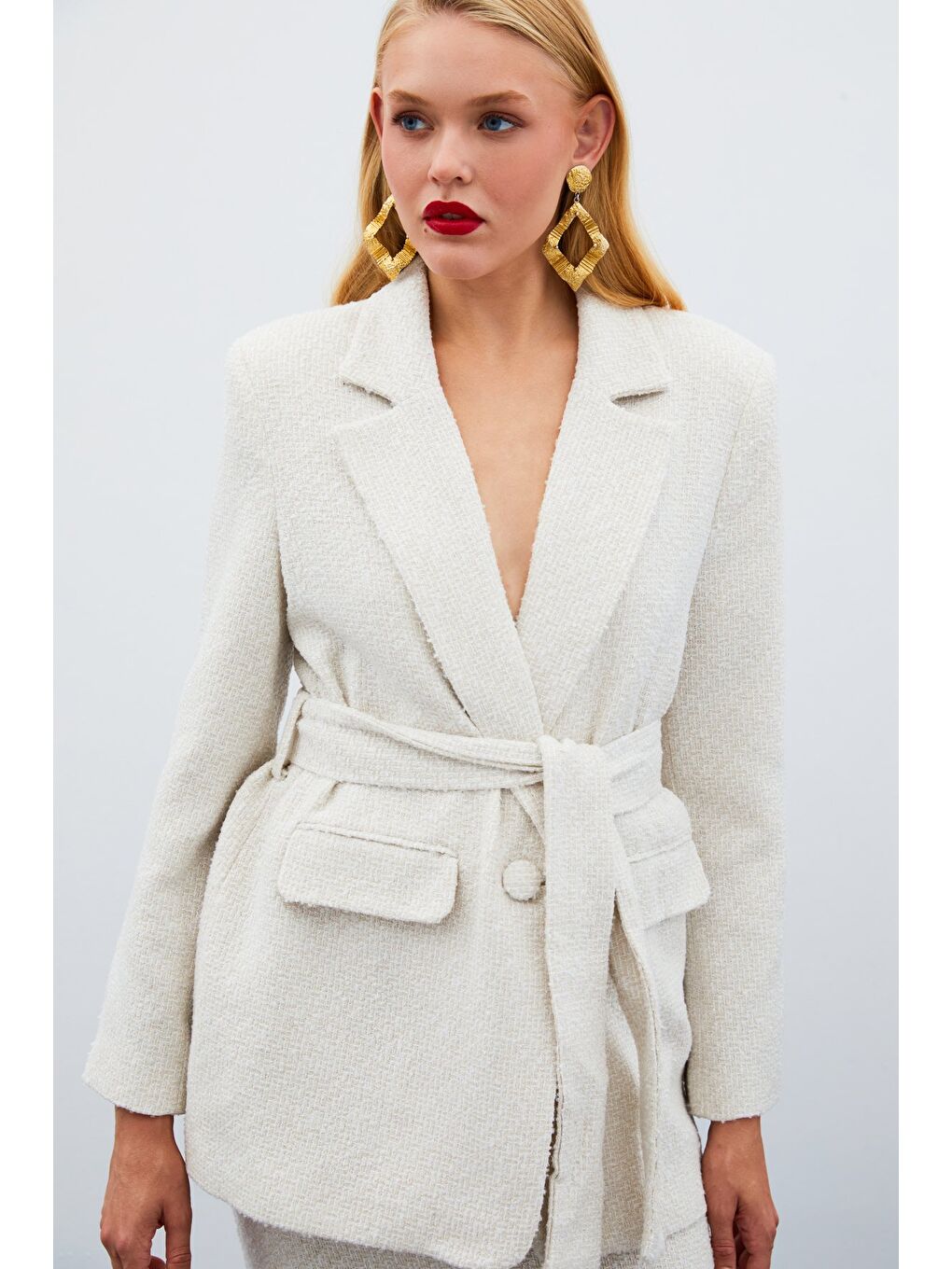 Bej Kuşaklı Tüvit Ceket - Taş-2