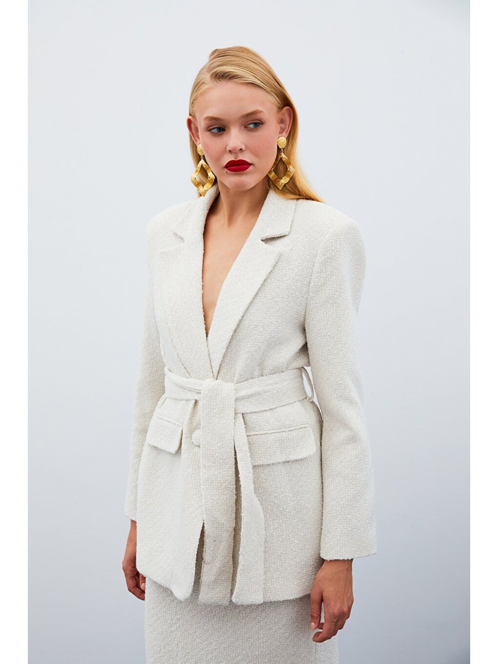 Bej Kuşaklı Tüvit Ceket - Taş-3