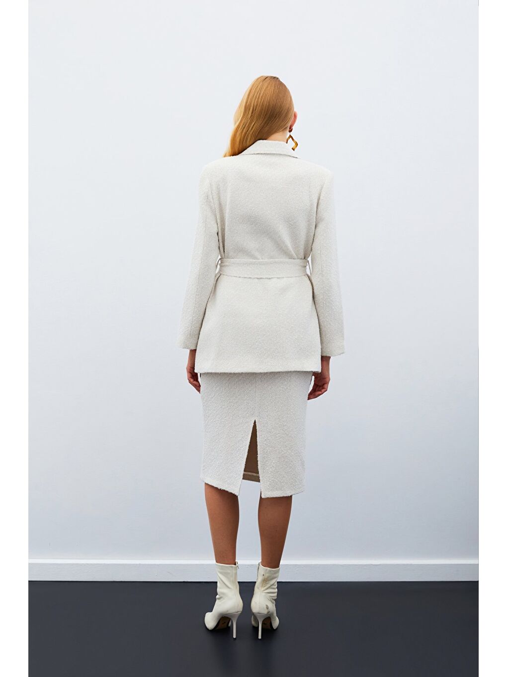 Bej Kuşaklı Tüvit Ceket - Taş-6
