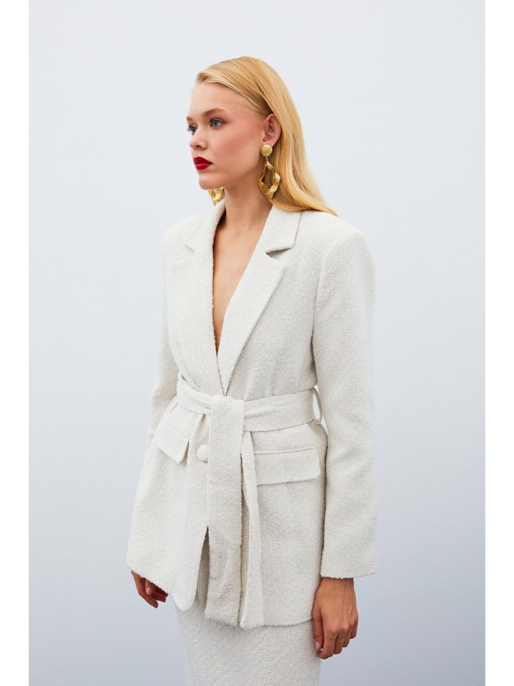 Bej Kuşaklı Tüvit Ceket - Taş-7