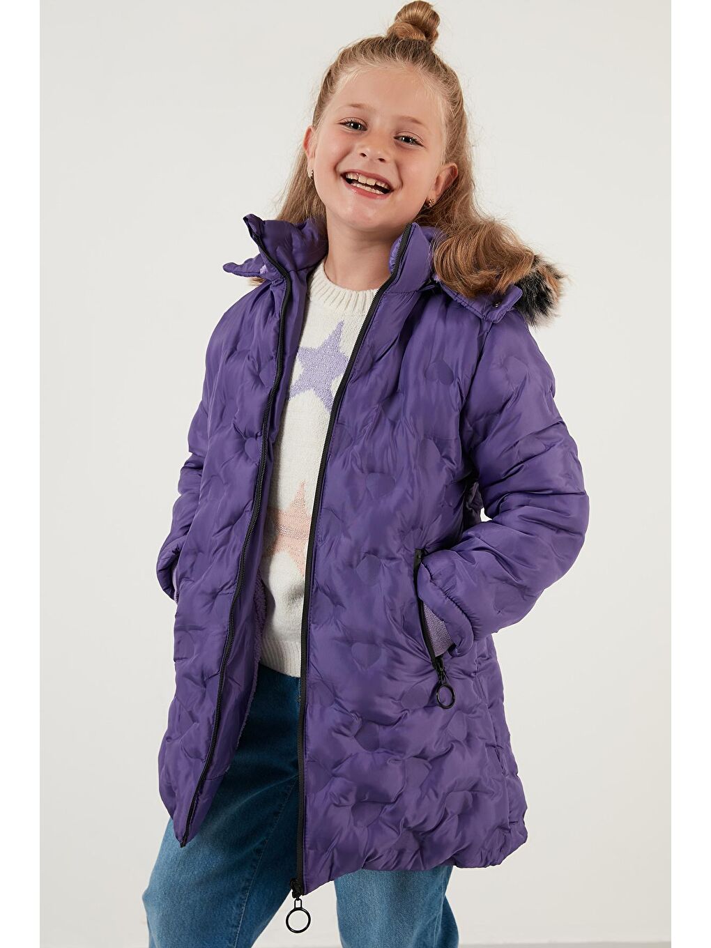 Lila Yakası Suni Kürklü Çıkarılabilir Kapüşonlu Peluş Astarlı Kışlık Uzun Mont 5760003