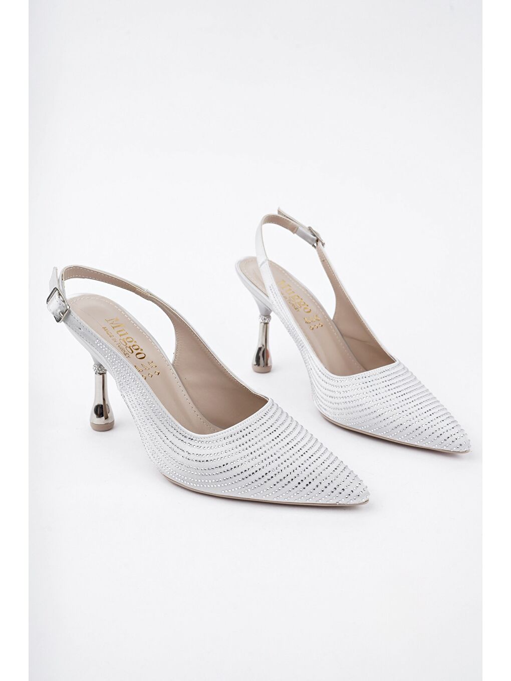 Gri AMRİTA Sivri Burun Taşlı Arkası Açık Klasik Topuklu Kadın Ayakkabı-1