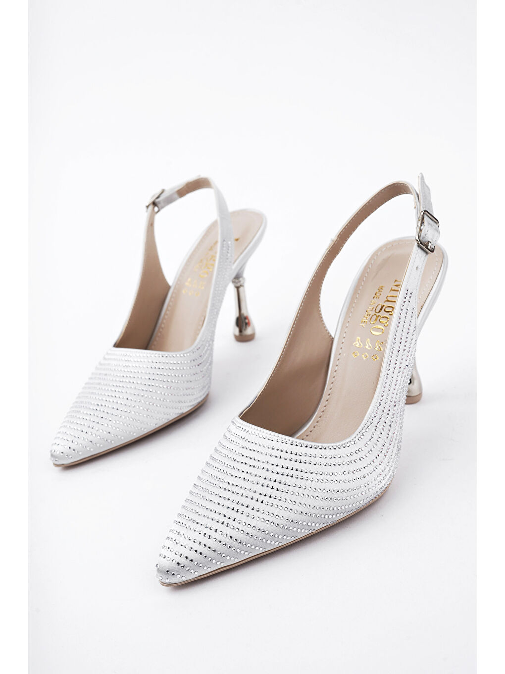 Gri AMRİTA Sivri Burun Taşlı Arkası Açık Klasik Topuklu Kadın Ayakkabı-2