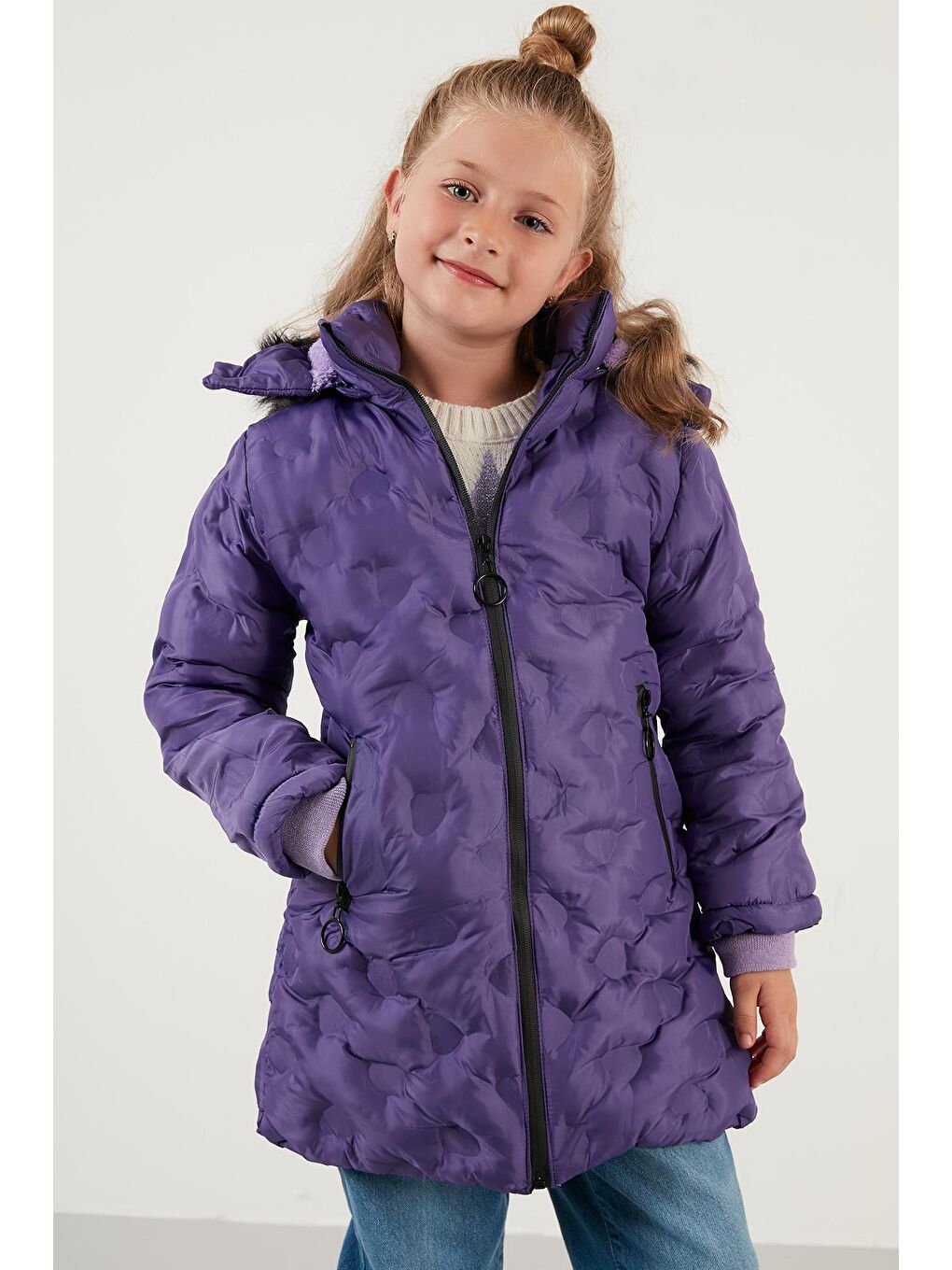 Lila Yakası Suni Kürklü Çıkarılabilir Kapüşonlu Peluş Astarlı Kışlık Uzun Mont 5760003-1